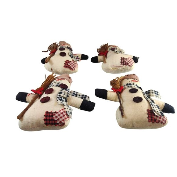 (4) Handmade Snowman Christmas Ornaments With Plaid Scarves Button & Broomsticks - Picture 6 of 8